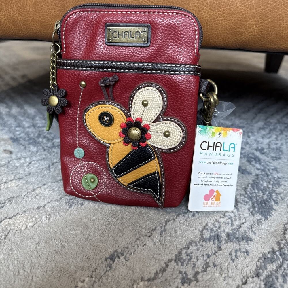 CHALA Cell Phone Crossbody Purse Vegan Leather Canvas Burgandy Bee Flowers New X
